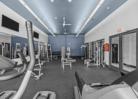 A gym with treadmills, elliptical machines, and other cardio equipment.