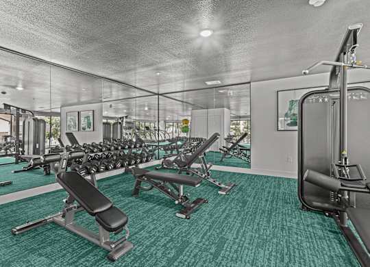 A gym with a variety of equipment including a leg press machine.