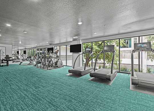 A gym with treadmills and exercise equipment.
