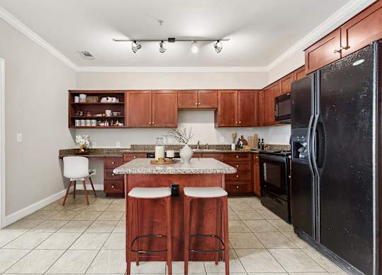 A kitchen with a black refrigerator and wooden cabinets.