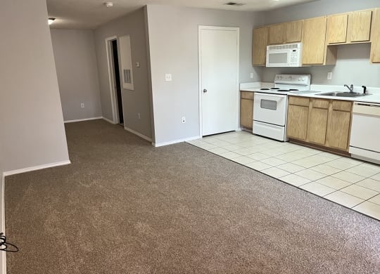 a view of a kitchen and a living room with a carpet