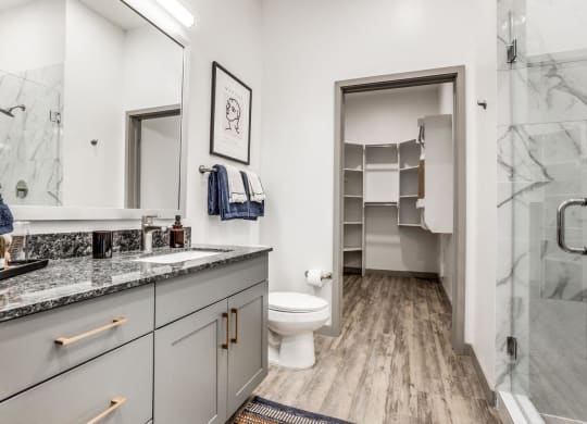 a bathroom with a shower and a sink and a toilet