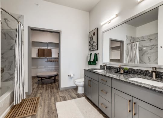 a bathroom with a shower and a sink and a mirror