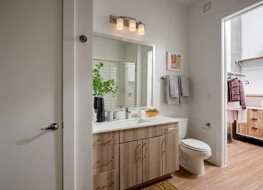A bathroom with a white toilet and a wooden vanity.