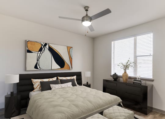 bedroom with queen bed and ceiling fan