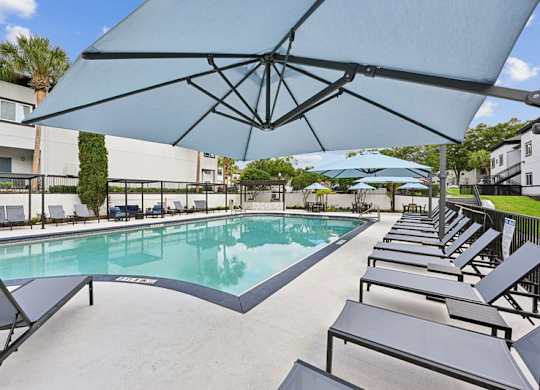 A pool surrounded by lounge chairs and umbrellas.