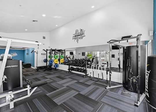 A gym with a variety of equipment including a squat rack, bench press, and a rowing machine.