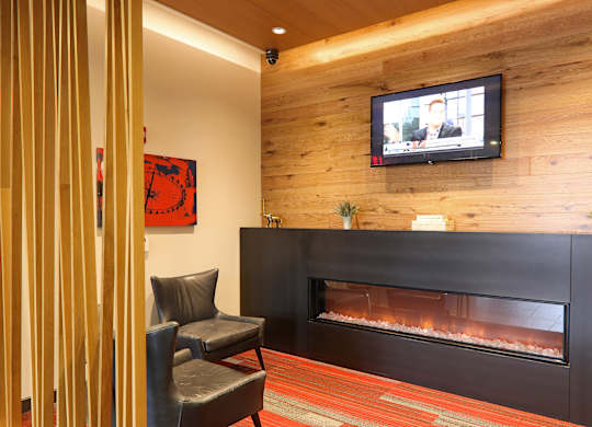 A modern living room with a fireplace and a television.