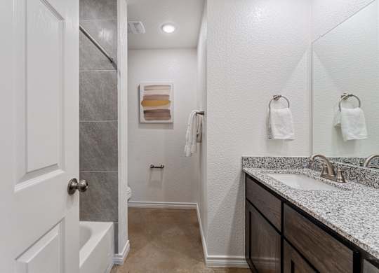 a bathroom with a shower and a sink and a mirror
