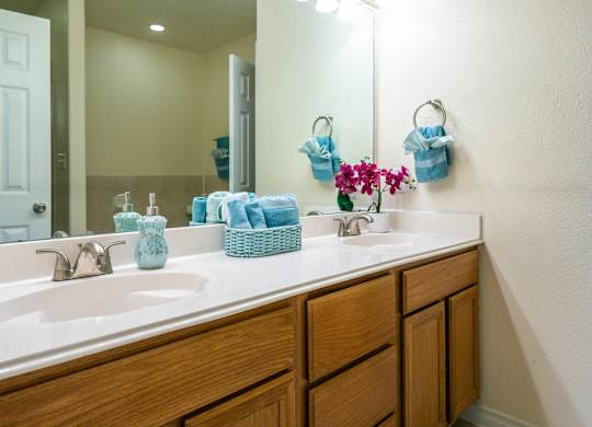 A bathroom with a white sink and brown drawers.