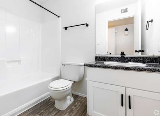 A white toilet in a bathroom with a black countertop and a mirror above it.