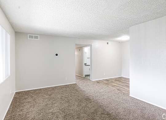 A room with white walls and a carpeted floor.