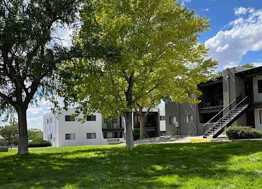 a building with a staircase and trees in front of it