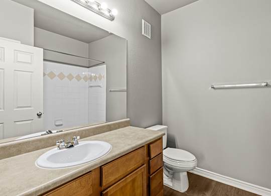 A bathroom with a sink, toilet, and a mirror.