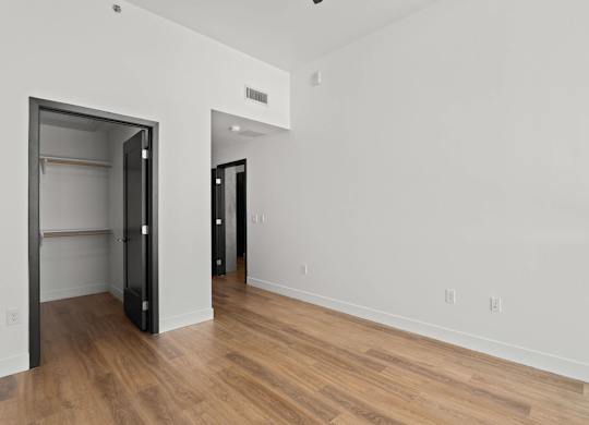 A room with a white wall and a black door.