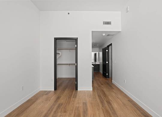 A room with a white wall and a black door.