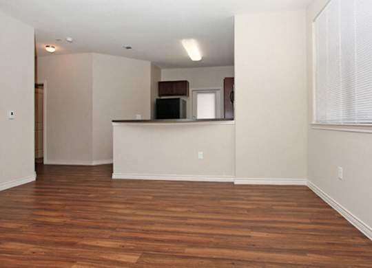 vacant apartment living room and kitchen in background