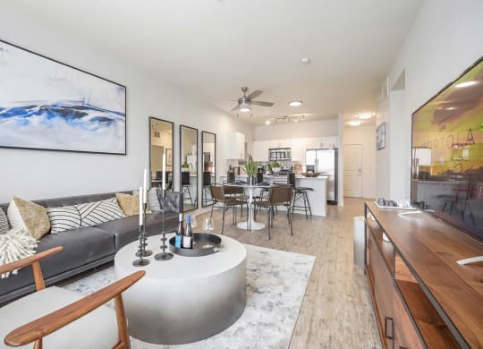 a living room with a couch and a table