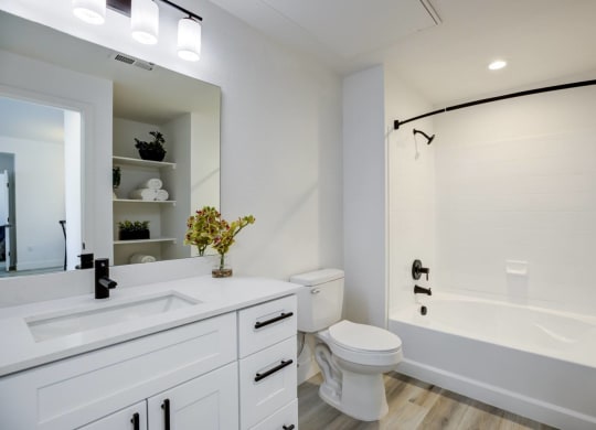 a white bathroom with a large mirror and a toilet