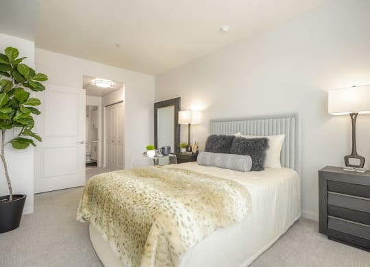 a white bedroom with a bed and a closet