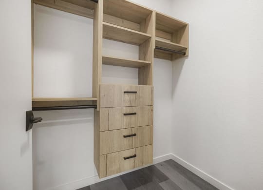 a closet in a bedroom with drawers and shelves