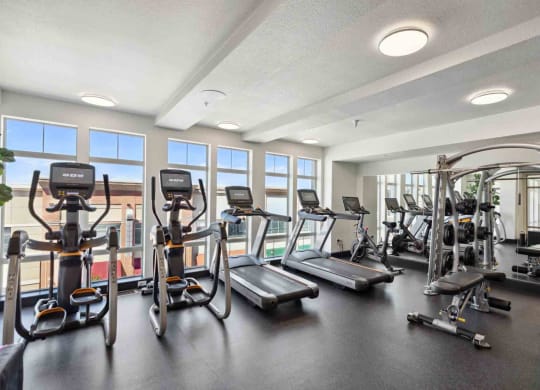 a gym with cardio equipment and windows in a building
