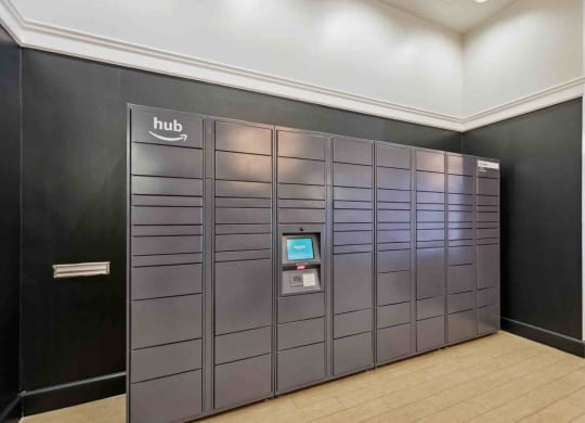 a large set of lockers in a lobby of a building