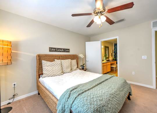 A bedroom with a bed, a ceiling fan, and a nightstand with a lamp.