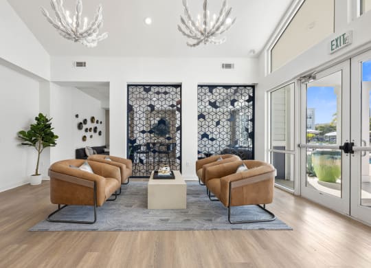 communal living room with couches and a coffee table