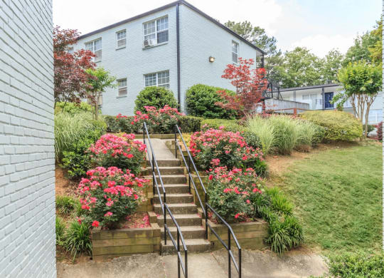 a staircase leading up to a blue house with pink flowers in front of it