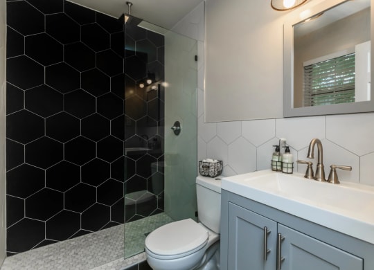 a bathroom with a shower toilet and sink