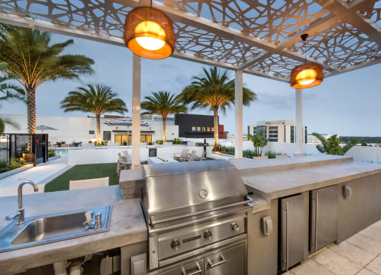 the outdoor kitchen has stainless steel appliances and a view of the pool and palm trees