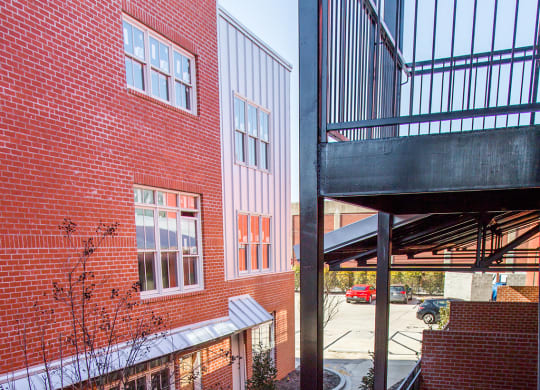 a view of the courtyard from the top of the stairs