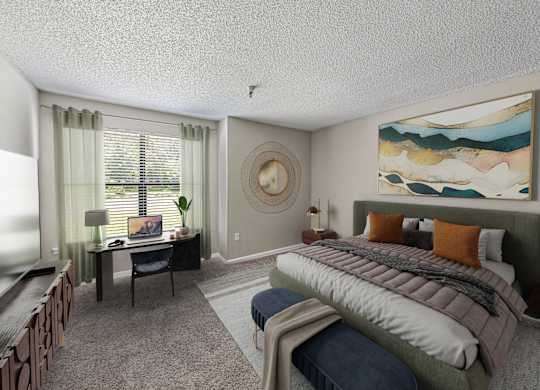 A bedroom with a large bed and a painting on the wall.