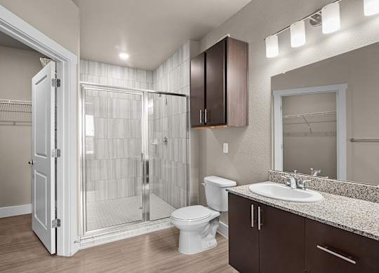 a bathroom with a shower toilet and sink and a mirror