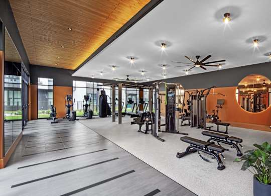 a large fitness room with exercise equipment and a large mirror
