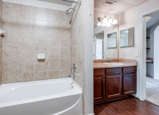 a bathroom with a tub and a sink and a mirror