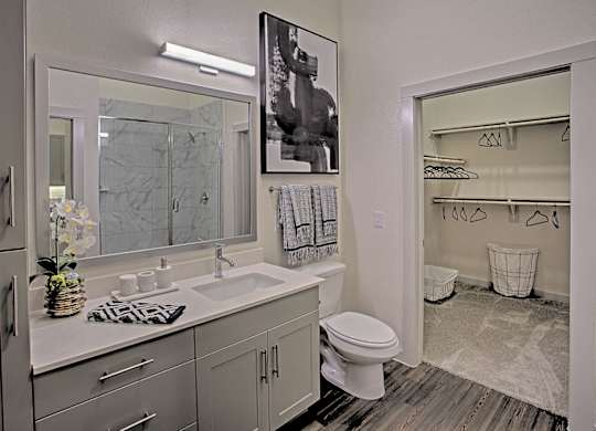 A bathroom with a sink, mirror, toilet and a shower.