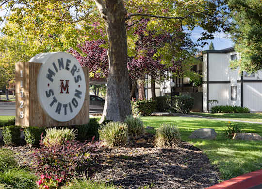 A sign for Miners Station sits in front of a tree.