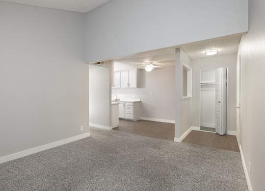A spacious, empty room with a carpeted floor and white walls.