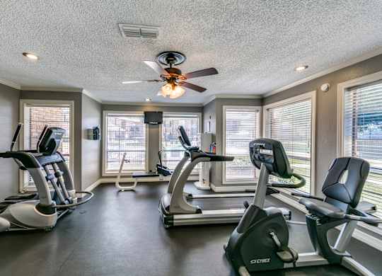 the gym has plenty of cardio equipment and a ceiling fan