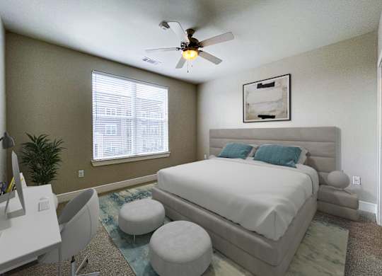 A bedroom with a large bed, a ceiling fan, and a window with blinds.