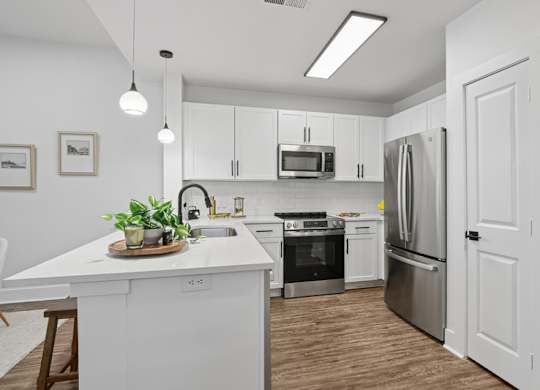 A white kitchen with a wooden table and a plant on it.