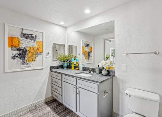 A bathroom with a white toilet and a sink with a cabinet underneath it.