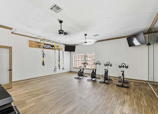 A gym with a row of stationary bikes and a bench.