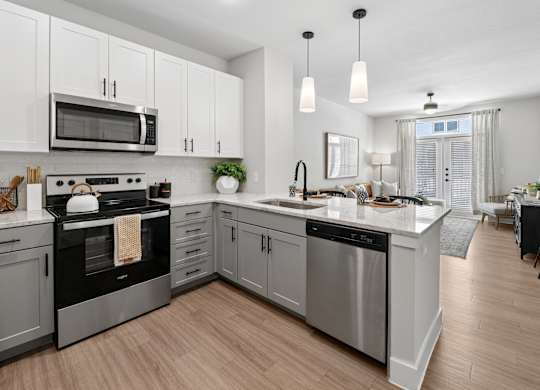 A modern kitchen with a black stove top oven and a black dishwasher.
