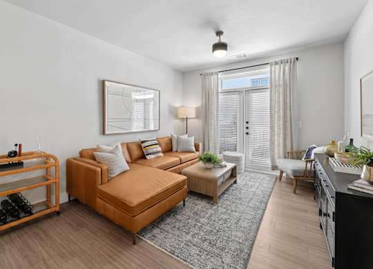 A living room with a brown sofa and a grey rug.