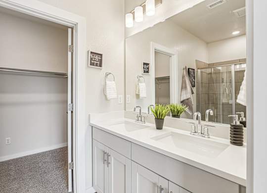 A bathroom with a white sink and a mirror.