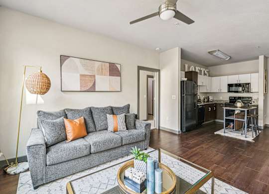 a living room with a couch and a coffee table