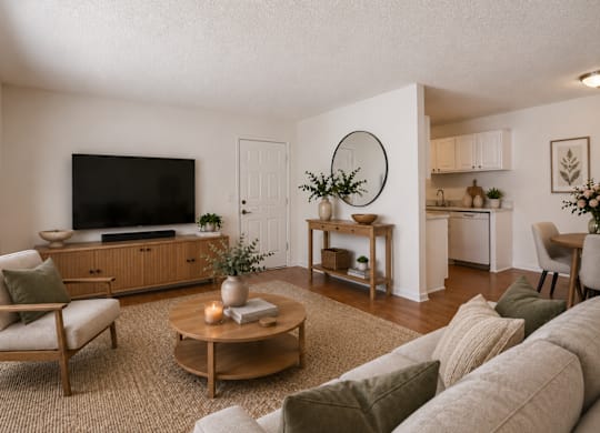 A living room with a sofa, chair, and coffee table.